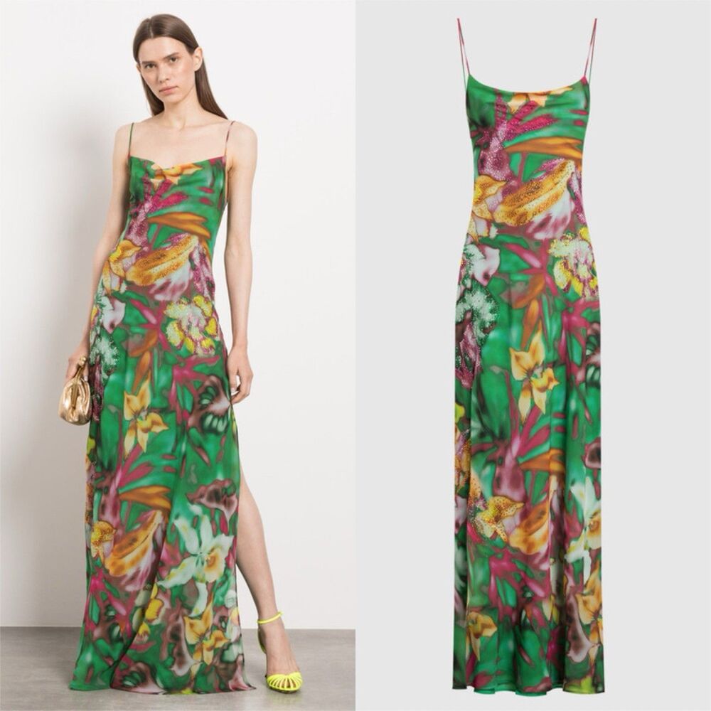 THE ANDAMANE Isabelle Green Dress in Floral Print With Crystals Sz 42